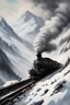 Placeholder: a painting of a steam train winding through a steep snowy mountain, from a distance, matte painting, detailed, hyperrealism, bold lines, gloomy