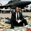 Placeholder: Lord of War (2005) the guy is waiting on the tarmac, surrounded by war material, missiles and bombs in cases, he is a tuxedo and has a bag open on the ground, filled with bank notes