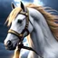 Placeholder: head portrait of a white horse, final fantasy style, realistic snout, horse with white bright celestial eyes, golden hair, stormy sky with lightning, cinematic lighting, atmospheric, hyper detailed, photoreal, 8k, Unreal engine 5, stan Winston studio,