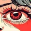 Placeholder: closeup of female eye with a violent expression and red eyes, drawn in vintage 80s anime style