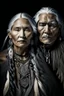 Placeholder: a photo of an Native american indian man and woman with ethnic jewelry, grey hair and grey flowing robe, in style of Annie Leibovitz, contemporary portrait of a mature yet beautiful and modernist, black and grey, detailed face, swirling fluid smokey enigma, award-winning artwork