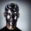 Placeholder: man head , high detail , face is cyborg , black background