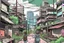 Placeholder: TLOU Town but as a coloured manga style, no characters just city landscape. in the style of Tatsuki Fujimoto