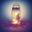 Placeholder: glowing Garden Pixies and Fairies in a lantern, many fairy lights inside a belljar, ghostly lights, polaroid, symmetry, bioluminescence, luminescent glow, moody, tender, photorealistic, octane render, golden hour,MTG,digital painting,by Anna Dittmann