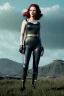 Placeholder: retro portrait image from 1960, sky background, wind, long red hair, fighting stance, sweet young Scarlett Johansson, black dress, classic tight lycra black suit, weapon, gold bracelet and belt, high heel boots, soft color, highly detailed, unreal engine 5, ray tracing, RTX, lumen lighting, ultra detail, volumetric lighting, 3d, finely drawn, high definition, high resolution.