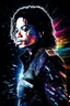 Placeholder: Michael Jackson portrait - pitch-black background with a blue glowing overhead spotlight effect, multicolored shards of ice, splashing water, prism effect, mosaic effect, time travel, space voyages, superheroes, moving really fast