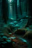 Placeholder: forest trail, teal mushrooms, dusk by a lake