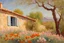 Placeholder: Sunny day, mountains, distant adobe house, flowers, spring trees, stone wall, spring, ludwig dettman and friedrich eckenfelder impressionism paintings