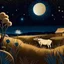 Placeholder: La llanura pampeana durante la noche, una vaca descansa bajo la luna llena y brillantes luciernagas volando sobre los yuyos al estilo pablo picasso plano corto