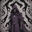 Placeholder: warlock, black mask with ash purple patterns, black robe with ash purple patterns, dark, ominous, ash purple