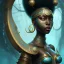 Placeholder: sango fantasy, fantasy magic, intricate, sharp focus, illustration, highly detailed, digital painting, concept art, matte, masterpiece head sexy view black African beauty black afro hair space lady turquoise tiger skin Fiji princess facing forward