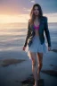 Placeholder: half body shot,realistic portrait of a 20-25 old caucasian model, long blue pink flowing hair, great grey eyes, blue leather jacket,full body, short white skirt,long legs,standing at beach of very nive lake with sunset ,clouds,godrayes