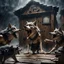 Placeholder: one magic large flying hammer breaks the wooden building's wall. A group of anthropomorphic wolves react in surprise and in the background other anthropomorphic wolves watch the scene unfold with expressions of shock and with surprise faces. one young anthropomorphic wolf watch the hammer, high realistic, detailed,dark fantasy mood, rain, cinematic