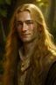 Placeholder: A young serene Lord Of The Rings like man with long golden hair that cascades gracefully. His open eyes, with blind pupils, reflect a depth of wisdom and inner peace. A gentle smile graces his face, adding warmth to his tranquil demeanor.