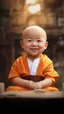 Placeholder: A 3-year-old monk boy with round cheeks, sitting, looking at the camera, monk costume, cute and cute, masterpiece, high quality, highly detailed.