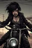 Placeholder: scarred cyberpunk vampire girl showing fangs with short cropped cyberpunk hair riding a black cafe racer motorcycle in a post apocalyptic wasteland at 3 am