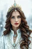 Placeholder: Photoreal ethereal gorgeous artic queen with light skin, brown long wavy hair. Round Ukrainian face. Green eyes, almond shaped. Royal look in eyes. Red full lips. white elegant queen dress with light blue and gold accents snowy . landscape snowing. . masterpiece smooth shading, ultra detailed, high resolution, cinematic, 8k, cinema 4d, HDR, dust effect, vivid colors. Gold crown on head & light blue jewels. One jewel hanging from crown