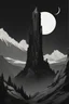 Placeholder: Tall, dark tower in the mountains with a solar eclipse