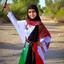 Placeholder: A very beautiful girl carrying a large Palestinian flag in her hands and waving it while wearing a keffiyeh and an embroidered Palestinian dress.