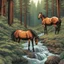 Placeholder: Ilustración estilo cómic de un bosque con río y tres caballos cálida ultra hiperdetallado