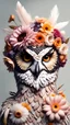Placeholder: male with owl head made from a lot of beautiful flowers , skin textured with feathers, pale colors smooth contrast,