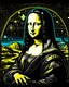 Placeholder: mona lisa in space suit, with alien pearing over her shoulder, in shephard fairey style graphic, black background with stars.