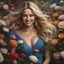 Placeholder: (best quality, 4k, 8k, highres, masterpiece:1.2), ultra-detailed, (realistic, photorealistic, photo-realistic:1.37),hyper realistic, gorgeous smiling 1woman,long hair,looking at viewer,realistic proportions,blue eyes,hair ornament,dress,very long hair,flower, blonde hair,parted lips,necklace,white dress,orange hair,lips,blurry background,freckles,realistic,head wreath,orange flower,realistic portrait