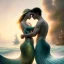 Placeholder: A beautiful portrait of a fusion of Scarlett Johansson and Elle fanning as a mermaid , leaning on a ships deck ,Rough sea in the background, (digitall art by Eugene de Blaas and Ross Tran, vibrant color scheme, highly detailed, in the style of romanticism, cinematic, artstation best quality, realistic lighting, masterpiece portrait, details light dusting , cowboy shot from above, simple chain hauberk Vector art digital illustration 3D shading )