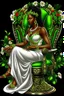 Placeholder: Create a digital airbrush cartoon of a curvy African American female sitting sideways on a queen throne. She is wearing a white shiny gown with white heels. Prominent make up with brown eyes. Highly detailed black and off-white braids in her hair. The braids are flowing all directions with a crown on her head. Background of green, black and red flowers surrounding her