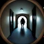 Placeholder: a demon waits in the corridor [A scene viewed through a door peephole, circular fisheye lens distortion, soft dark vignette around edges, slightly warped perspective, as if looking through a small aperture]