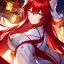 Placeholder: Clear focus, 8k, beautiful lighting, vibrant colors, fox girl, red hair, long hair, white eyes, miko, tail, smile,