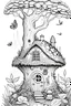 Placeholder: a coloring page, a whimsical fairy house in the forest, cinematic view, clean lineart, balck and white only.