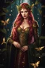 Placeholder: Burgundy hair, dark hair,dark red , rapunzel hair,very long hair,dark fairy princess,elven crown,night,dragonflies,beautiful,ong ashes,golden armor ,sparkle,night blooming,ivy,dark green,lilly of valley,golden elven crown,elven warrior,dark gold armor