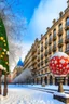 Placeholder: downtown Barcelona covered in snow and Christmas ornaments painted by da vinci