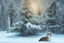 Placeholder: Cat in Wellensteyn coat, winter forest, pine trees, snowing, in sunshine