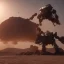 Placeholder: Armored Core machine robot fights another Armored Core fly in the sky in the desert with the ocean where you can see the space in the sky with the twilight on the horizon, 4k resolution