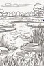 Placeholder: coloring page, pond in the field, cartoon style, thick lines, low detail, no shading