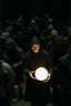 Placeholder: A lot of people moving rapidly walking every direction. Right. Left. Upward. Everywhere. wearing medieval hoodies with a masks. One between them all is just standing holding a very bright sphere. Dark room. Anonymous mask