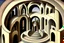 Placeholder: arches arranged in a semicircle, in the middle a slim round tower with an external spiral staircase, symmetrical, by artist "de Chirico",by artist by artist "Escher"