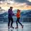 Placeholder: Hyper Realistic Romantic Couple (Handsome Muscular Man Wearing Purple Hoodie Smiling And Black Jeans With Woman Wearing Orange Hoodie And Navy-Blue Jeans Smiling And Both Looking At Each Other Romantically) And Both Wearing Skating Shoes Dancing On A Frozen Floor With Cold Breeze And Snowy Mountains At Cloudy Sunset Showing Dramatic & Cinematic Ambiance.