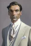 Placeholder: Man in his 40s, thin, clean-shaven; he wears and Ivory double-breasted suit and a silk scarf of the same color; careful look
