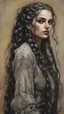 Placeholder: highly detailed, full body oil painting, petite, softly smiling, goth woman of Spanish and Lebanese heritage with long dark braided hair, sharply defined angular facial features, anatomic perfection, by Andrea Kowch> <Yoji Shinkawa><Arthur Rackham> <Jean-Giraud Moebius, saturated vibrant natural color tones, precisely drawn and inked, 8k resolution