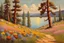 Placeholder: Sunny day, pine trees, mountains, prairie, flowers, lake, rocks, spring, otto pippel impressionism painting