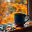 Placeholder: Create a cozy autumn scene focused on a royal ceramic coffee mug sitting on a windowsill. The mug is covered in water droplets, indicating the cool, rainy weather outside. Through the window, show a blurred view of vibrant orange and yellow fall foliage. The window itself is speckled with raindrops, adding to the rainy day atmosphere. On the wooden windowsill, scatter a few fallen autumn leaves and coffee beans, creating a warm, inviting setting. The overall mood should evoke a sense of warmth a