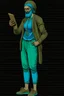 Placeholder: Modern guy, 20s, holding ipad in left hand, looks like a renaissance painting, walking forward, full body, "persian green", "right hand pointing down". Front facing