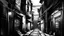 Placeholder: futuristic modern dark night alleyway, terrifying, deceiver, poisonous. In black and white style watercolor drawing. a lot of black color