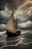 Placeholder: A real photographic landscape Super wide ,Ominous sky , Sailing boat , Wooden boat, Lotus , Huge waves,