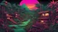 Placeholder: comic style, 80's landscape, wooden city in the jungle, negative space, space quixotic dreams, temporal hallucination, psychedelic, intricate details, sunset neon colors with a lot of green and deep black background, 4K, very high contrast, chiaroscuro
