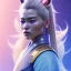 Placeholder: A portrait of a crystalised samurai rabbit, atmospheric, blond long hair, blue eyes, realistic, unreal engine cosmic galactic, cinematic lighting, octane render, transparent,bleu pink light, Horse tail, cristal goutte rose sur le front