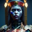 Placeholder: Latin woman, rounded face, blood, black, blue, red, samurai helmet, decorative color feathers, retro, bamboo, leather, soft color, highly detailed, art stations, concept art, smooth, unreal engine 5, god rays, ray tracing, RTX, lumen lighting, ultra detail, volumetric lighting, 3d, finely drawn, high definition, high resolution.